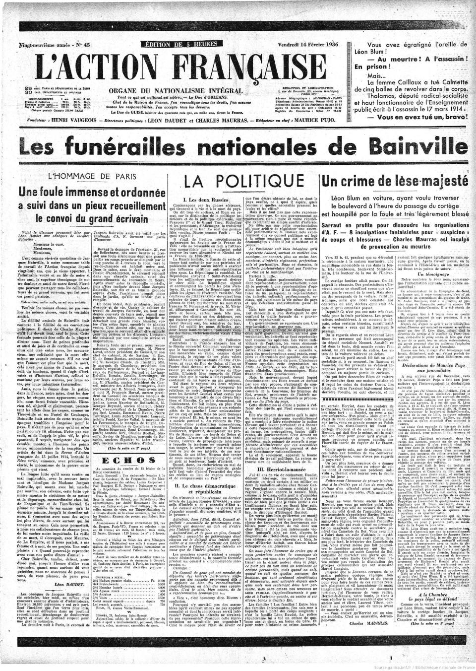 L’Action française du 14 février 1936, annonçant les funérailles de Bainville. <a href="https://gallica.bnf.fr/ark:/12148/bpt6k766243n.texteImage#" rel="nofollow noopener" target="_blank" data-ylk="slk:Gallica/BNF;elm:context_link;itc:0;sec:content-canvas" class="link ">Gallica/BNF</a>