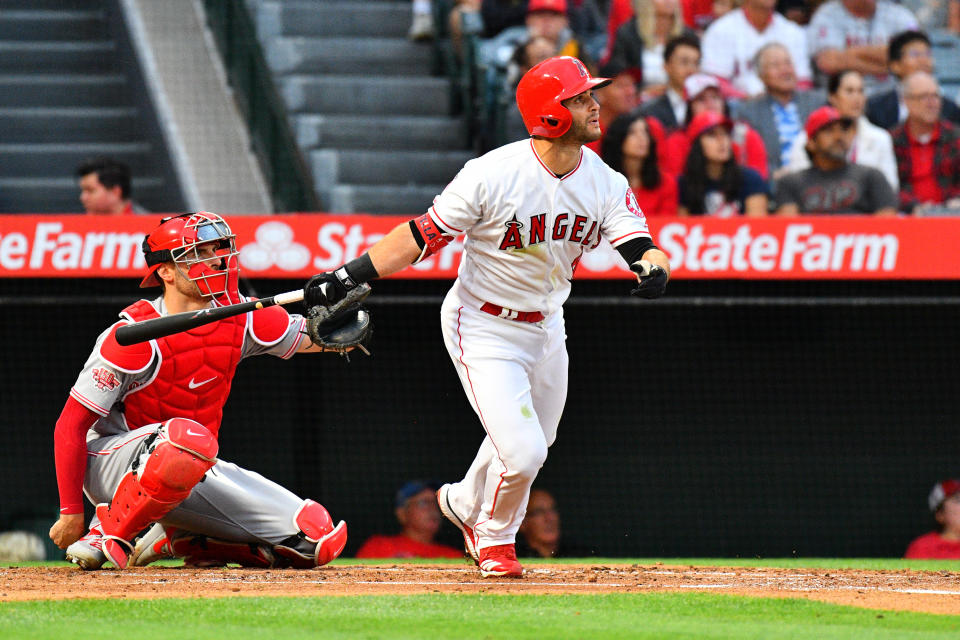 ANAHEIM, CA - JUNE 25: Los Angeles Angels second baseman Tommy La Stella (9) watches his inside the park home run during a MLB game between the Cincinnati Reds and the Los Angeles Angels of Anaheim on June 25, 2019 at Angel Stadium of Anaheim in Anaheim, CA. (Photo by Brian Rothmuller/Icon Sportswire via Getty Images)