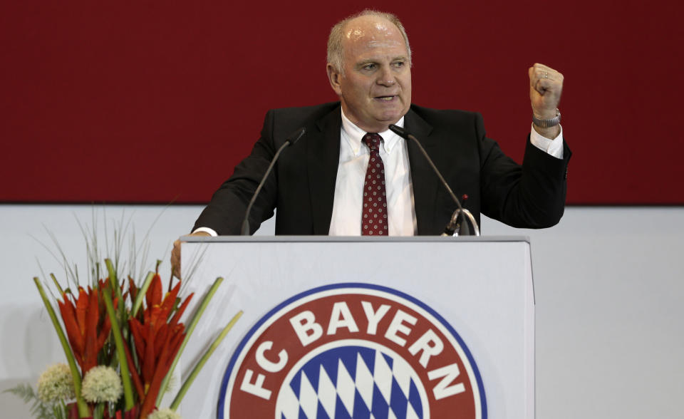 Former FC Bayern Munich president Uli Hoeness gestures during his speech at an extraordinary members meeting, in Munich, southern Germany, Friday, May 2, 2014. The club is voting for a new president. (AP Photo/Matthias Schrader)