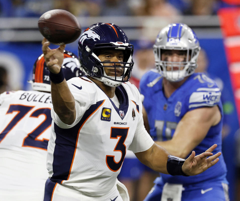 FILE - Denver Broncos quarterback Russell Wilson (3) throws during the first half of an NFL football game against the Detroit Lions, Dec. 16, 2023, in Detroit. The Broncos told Wilson, Monday, March 4, 2024, that they are going to release him next week, just 18 months after signing the Super Bowl-winning quarterback to a five-year, $242 million contract extension. (AP Photo/Duane Burleson, File)