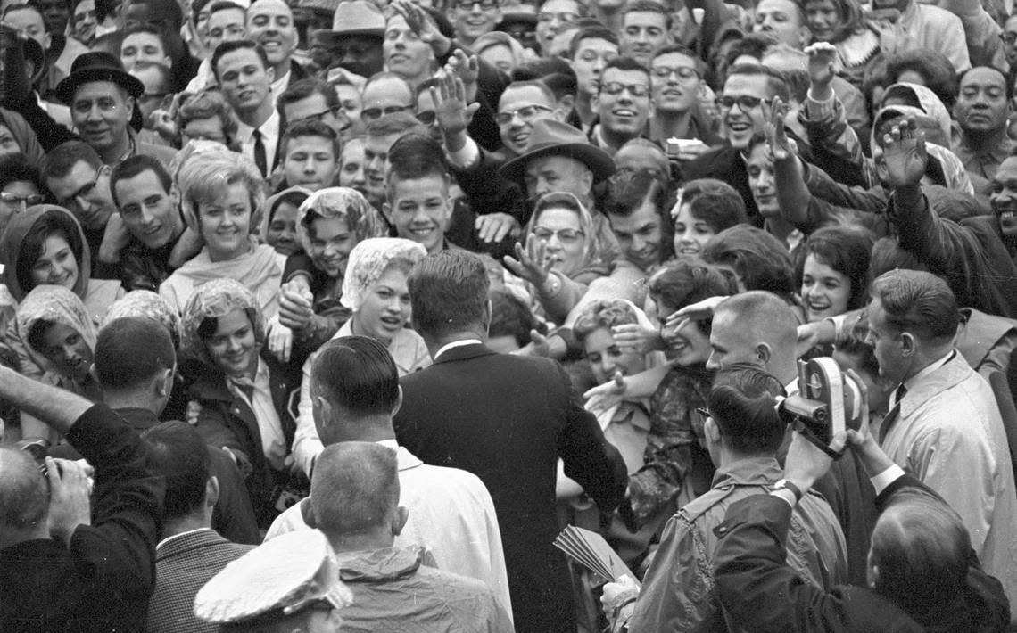 John F. Kennedy surrounded by crowd outside Hotel Texas, Fort Worth, Nov. 22, 1963