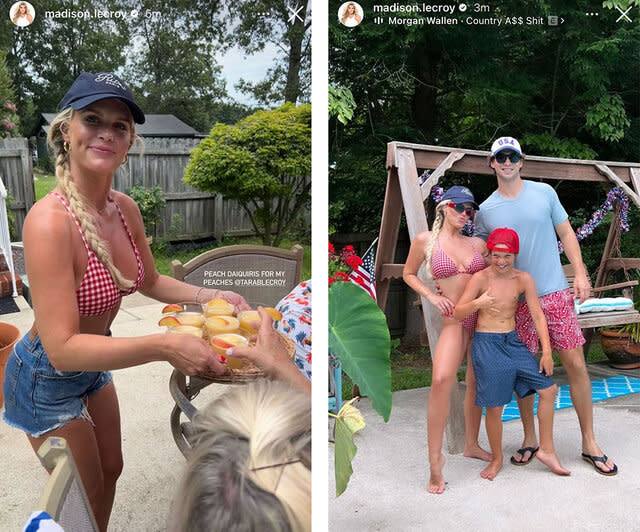 A collage of Madison in a red, gingham, bikini and her posing with Brett and Hudson outdoors.