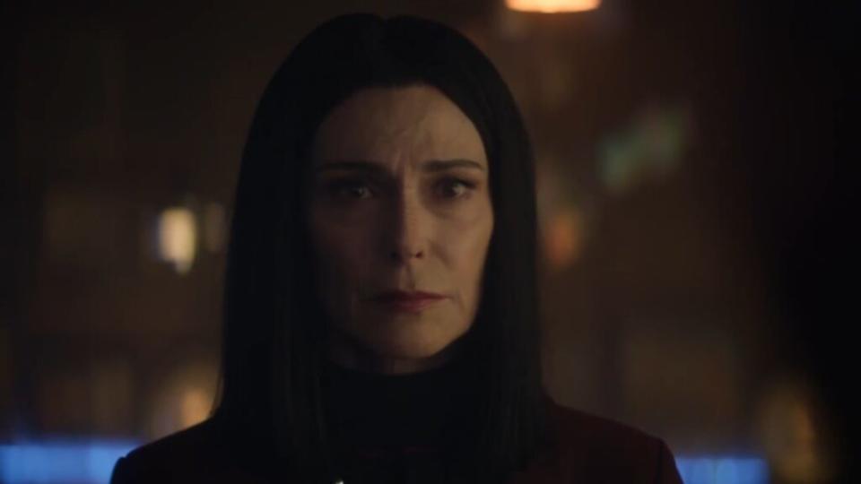 After confirming his identity, Commander Ro (Michelle Forbes) reveals the truth to Picard (Patrick Stewart) in “Star Trek: Picard” (Paramount+)