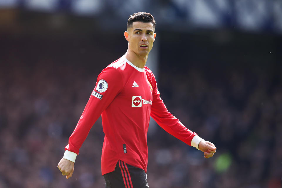 LIVERPOOL, ENGLAND - APRIL 09: Cristiano Ronaldo of Manchester United looks on during the Premier League match between Everton and Manchester United at Goodison Park on April 09, 2022 in Liverpool, England. (Photo by Chris Brunskill/Fantasista/Getty Images)