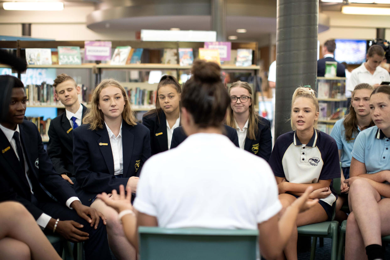 SYDNEY, AUSTRALIA - FEBRUARY 08:  Athlete Jess Fox poses talks to students during the Australian Olympic Committee and NSW Government Program Launch Event at Cranebrook High School on February 08, 2019 in Sydney, Australia. (Photo by Mark Metcalfe/Getty Images)