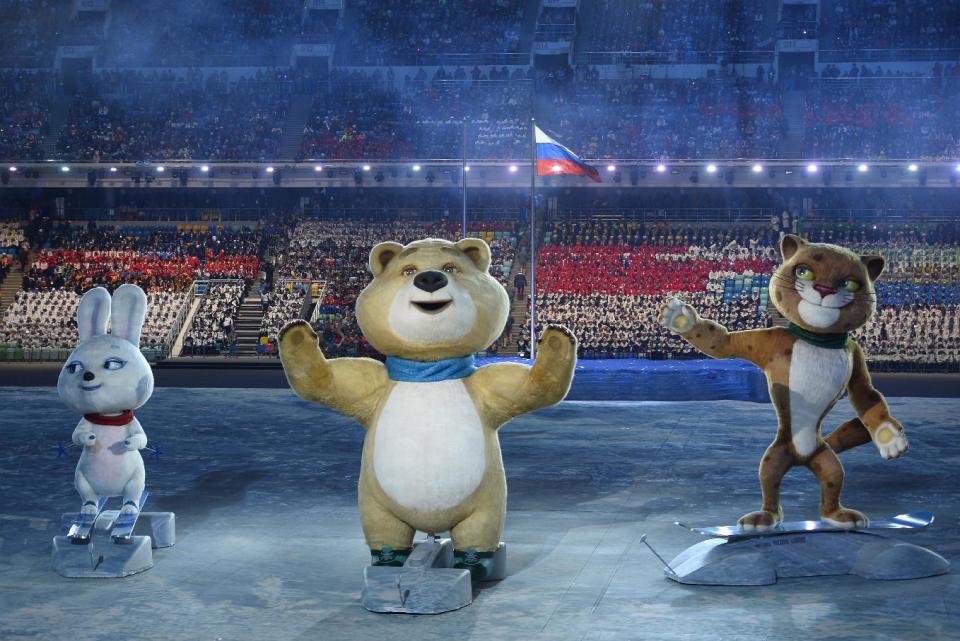 The 2014 Winter Olympic games official mascots, the Leopard, the Polar Bear, and the Hare, perform during the opening ceremony of the 2014 Winter Olympics in Sochi, Russia, Friday, Feb. 7, 2014. (AP Photo/Lionel Bonaventure, Pool)