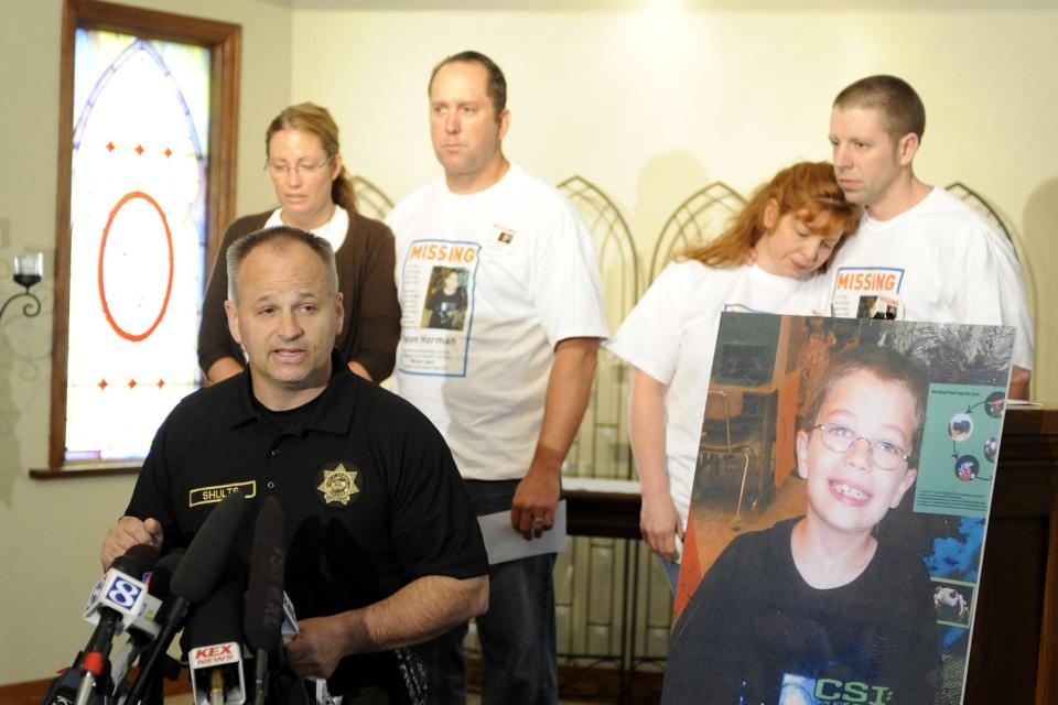 Capt. Jason Gates of the Multnomah County Sheriff&#39;s Office introduces the family of missing 7-year-old Kyron Horman at Brooks Hill Historical Church across from Skyline Elementary School in Portland, Ore., on June 11, 2010. Behind him, from left, are Kyron&#39;s mother, Desiree Young; Tony Young; Terri Horman; and Kyron&#39;s father, Kaine Horman.
