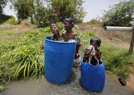 Children sit in plastic containers filled with water as they cool themselves next to a borewell at a farmland on a hot summer day on the outskirts of Ahmedabad, May 28, 2015. REUTERS/Amit Dave