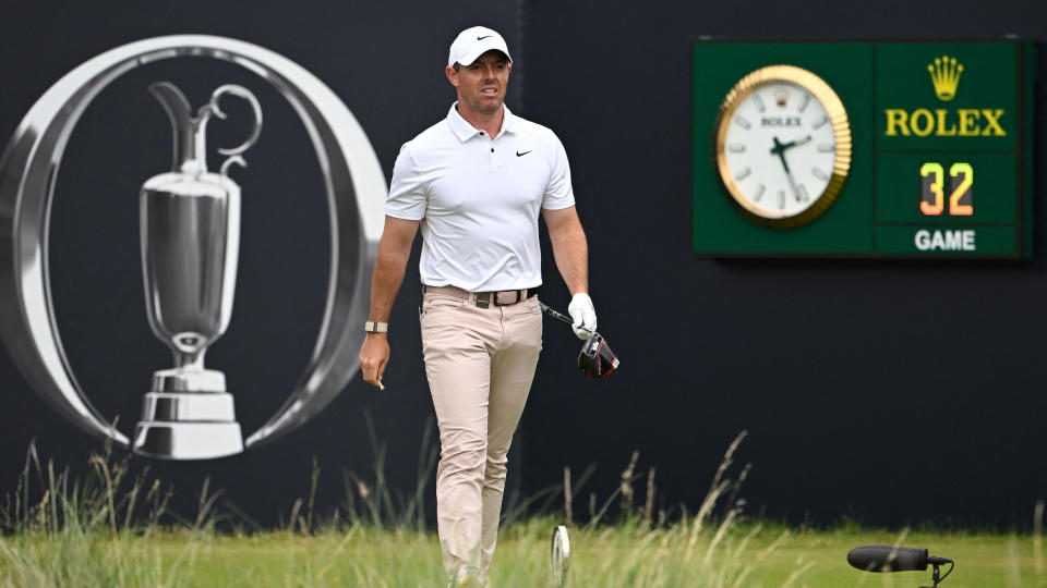 Northern Ireland's Rory McIlroy leaves the 1st tee on day three of the 151st British Open Golf Championship at Royal Liverpool