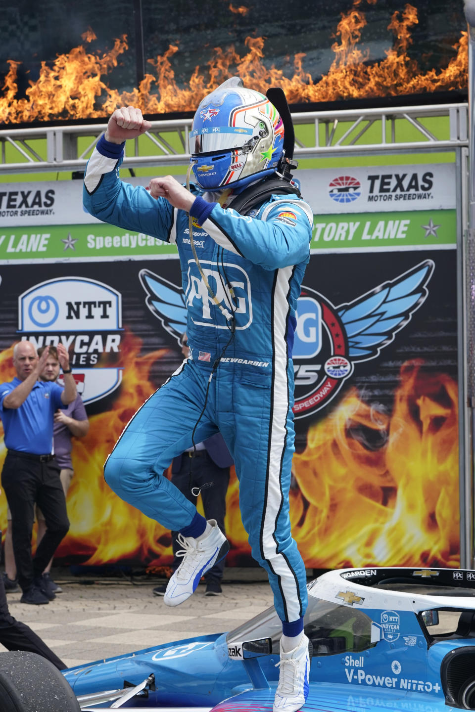 Josef Newgarden celebrates winning the IndyCar auto race at Texas Motor Speedway in Fort Worth, Texas, Sunday, April 2, 2023. (AP Photo/Larry Papke)