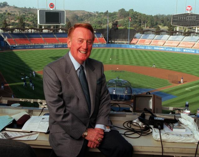 The No. 53 of former Los Angeles Dodgers Don Drysdale and microphone  representing broadcaster Vin Scully at the Retired Numbers Plaza at Dodger  Stadium Tuesday, Apr. 12, 2022, in Los Angeles. (Photo