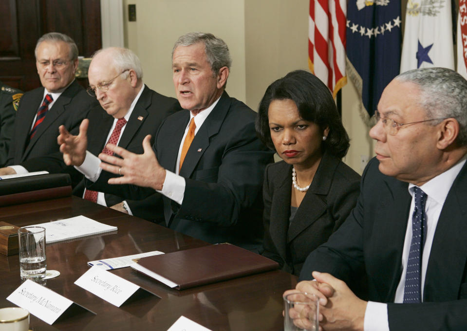 President Bush, center, meets Thursday, Jan. 5, 2006, with present and former Secretaries of State and Defense in the Roosevelt Room at the White House. From left to right are Secretary of Defense Donald H. Rumsfeld, Vice President Dick Cheney, Bush, Secretary of State Condoleezza Rice, and former Secretary of State Colin Powell. (AP Photo/Evan Vucci)
