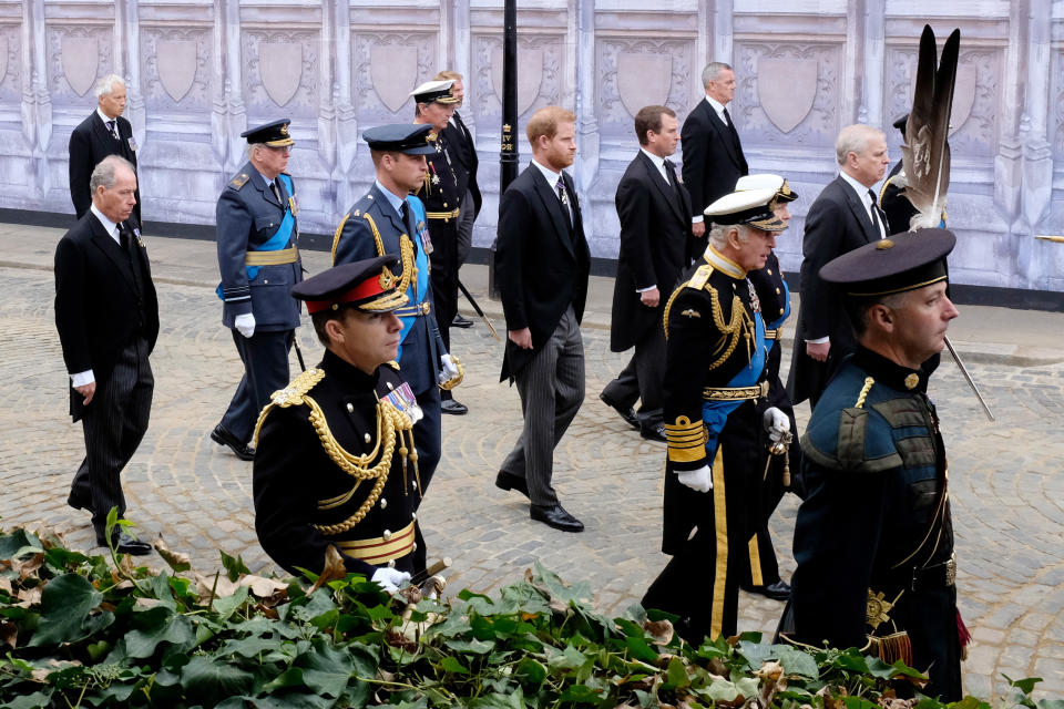 King Charles III, the Princess Royal, the Duke of York, the Earl of Wessex, the Prince of Wales, the Duke of Sussex, Peter Phillips, the Earl of Snowdon the Duke of Gloucester and Vice Admiral Sir Timothy Laurence walk behind the coffin ahead of the State Funeral of Queen Elizabeth II, held at Westminster Abbey, London. Picture date: Monday September 19, 2022.