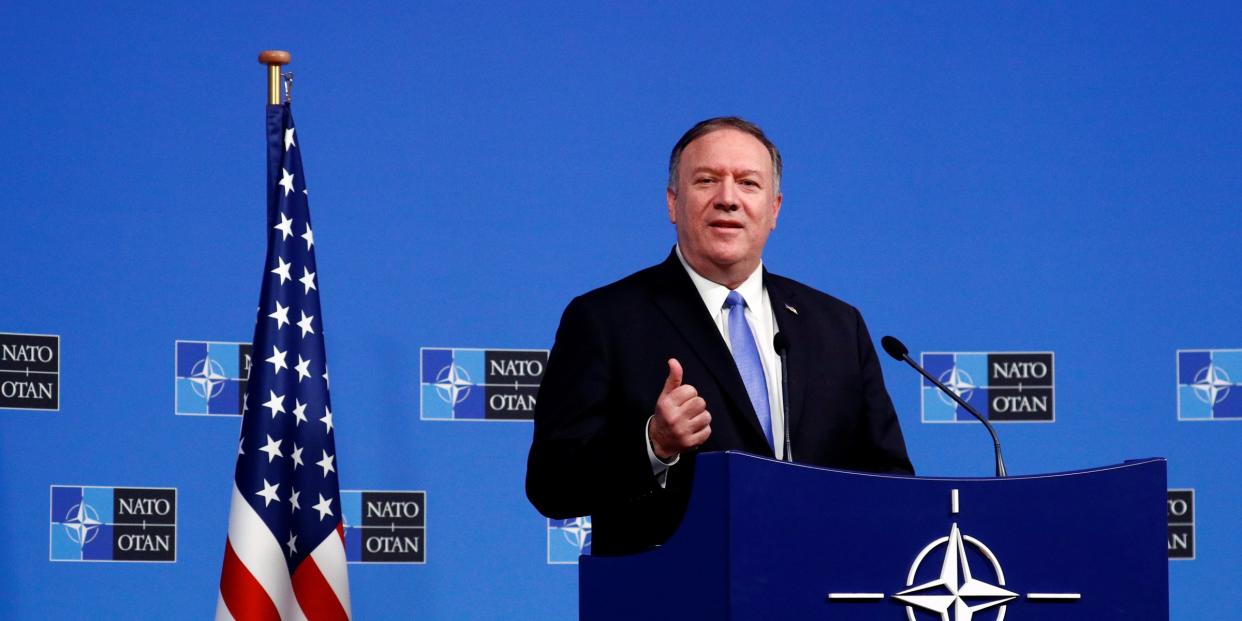 FILE PHOTO: U.S. Secretary of State Mike Pompeo holds a news conference at the Alliance headquarters in Brussels, Belgium November 20, 2019. REUTERS/Francois Lenoir