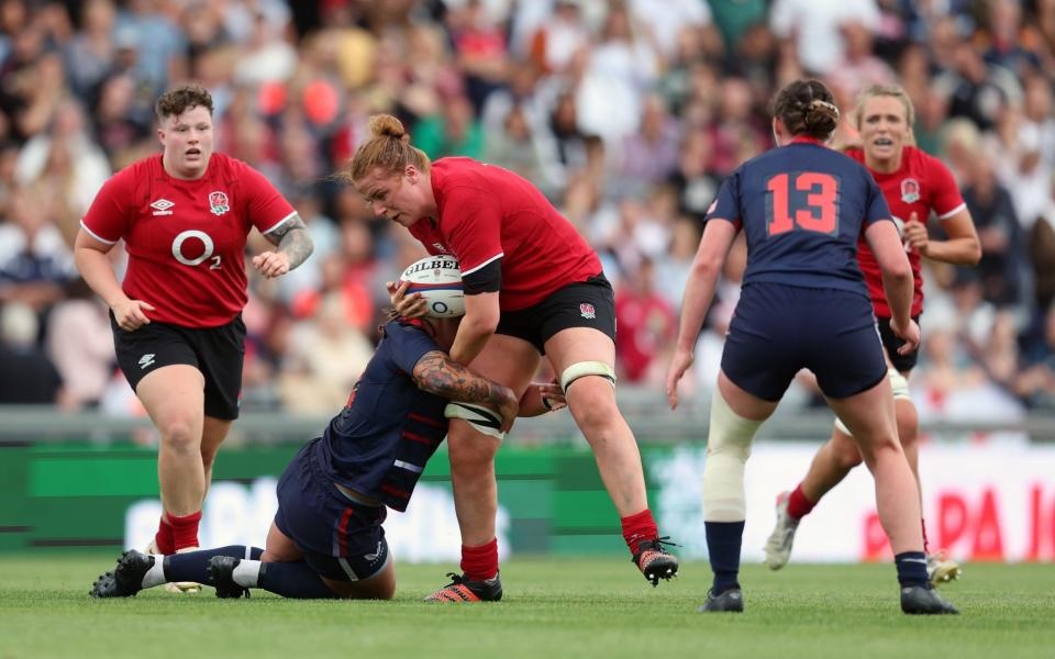 O'Donnell in action against United States - Cath O'Donnell interview: England's World Cup wonder woman playing through the pain barrier - The RFU Collection
