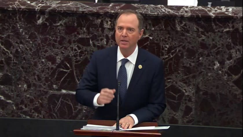WASHINGTON, D.C., JANUARY 22, 2020: DAY2 : In this image from video, impeachment manager Rep. Adam Schiff, D-Calif., speaks during the impeachment trial against President Donald Trump in the Senate at the U.S. Capitol in Washington, Wednesday, Jan. 22, 2020. (Senate Television)