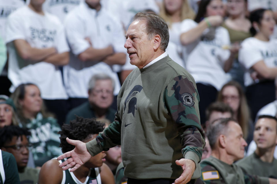 Michigan State coach Tom Izzo reacts during the second half of an NCAA college basketball game against Southern Indiana, Thursday, Nov. 9, 2023, in East Lansing, Mich. (AP Photo/Al Goldis)