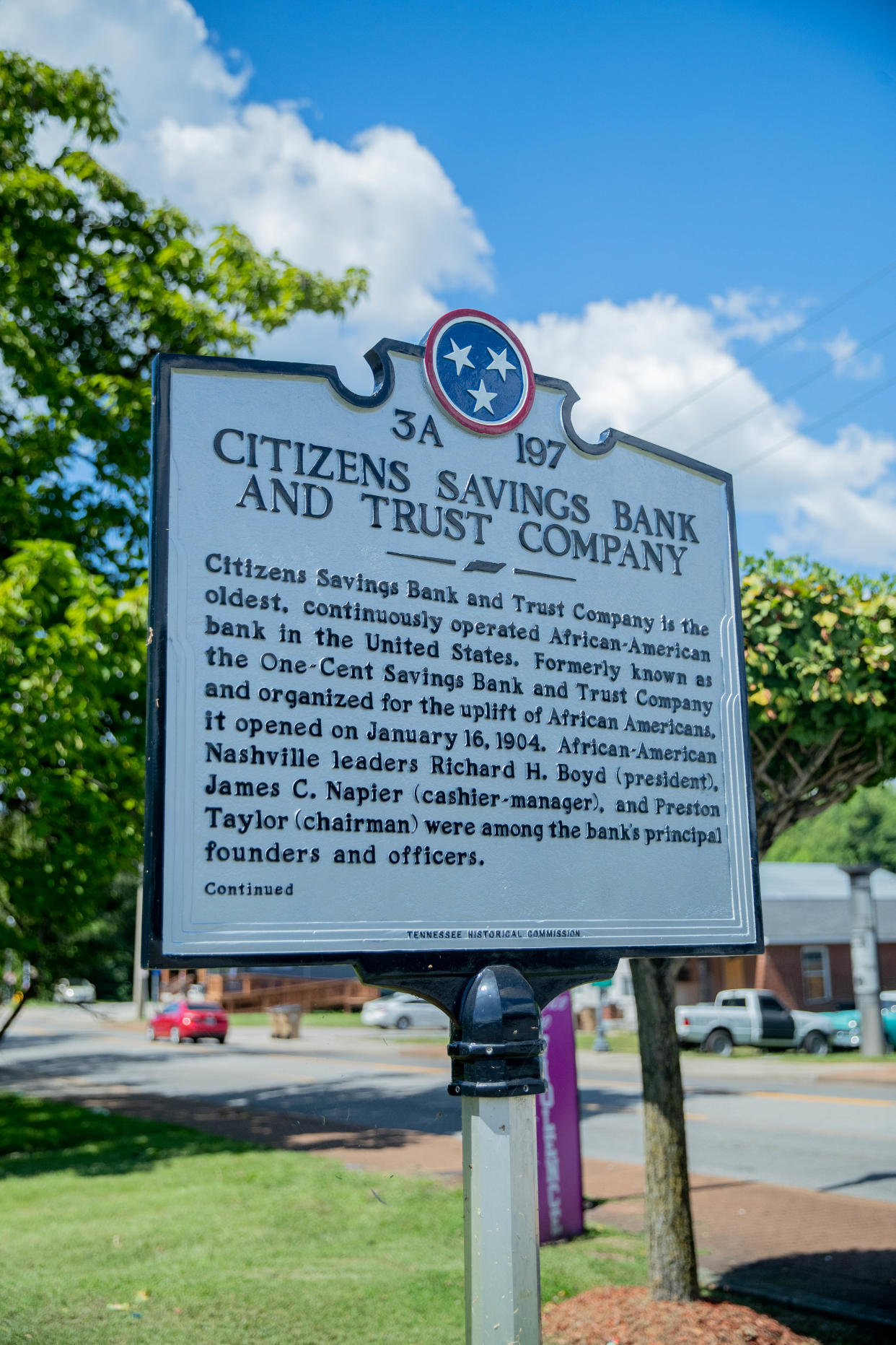 The Citizens Bank historic marker documents the history of the Black-owned bank, founded in 1904.