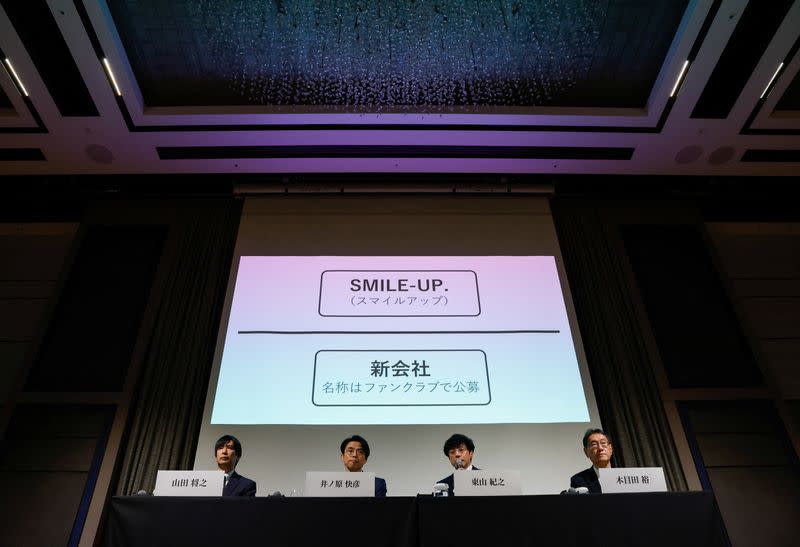  Japan's talent agency Johnny & Associates Chief Noriyuki Higashiyama unveils the new company name SMILE-UP. during a news conference in Tokyo