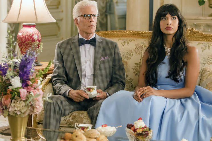 Ted Danson as Michael, Jameela Jamil as Tehani (Credit: Ron Batzdorff/NBC)