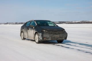 Toyota FCV hydrogen fuel cell vehicle prototype during cold-weather endurance testing in N America