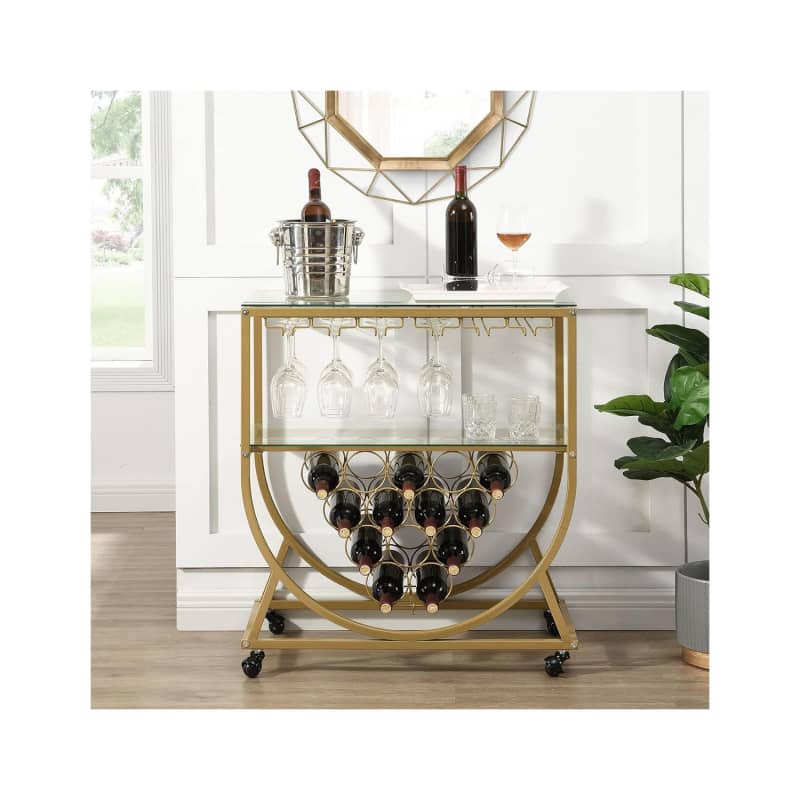 O&K FURNITURE Gold Bar Cart with Wine Rack