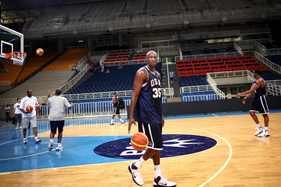 USA's Lamar Odom attends a training session at the Olympic Stadium in Athens 24 August, 2010 on the eve of a friendly match against Greece before heading to Turkey for the world basketball championships. AFP PHOTO / Angelos Tzortzinis (Photo credit should read ANGELOS TZORTZINIS/AFP/Getty Images)
