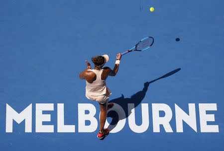 Tennis - Australian Open - Quarterfinals - Rod Laver Arena, Melbourne, Australia, January 24, 2018. Madison Keys of the U.S. hits a shot against Angelique Kerber of Germany. REUTERS/Toru Hanai