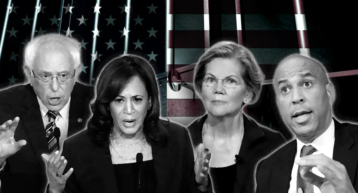 Bernie Sanders, Kamala Harris, Elizabeth Warren and Cory Booker. (Photo illustration: Yahoo News; photos: AP, Getty Images, AP(2), Getty Images, AP)