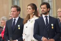<p>Princess Madeleine and husband Christopher stood with Prince Carl Philip at a celebration to honor the 40th anniversary of King Carl XVI Gustaf's ascension to the throne.</p>