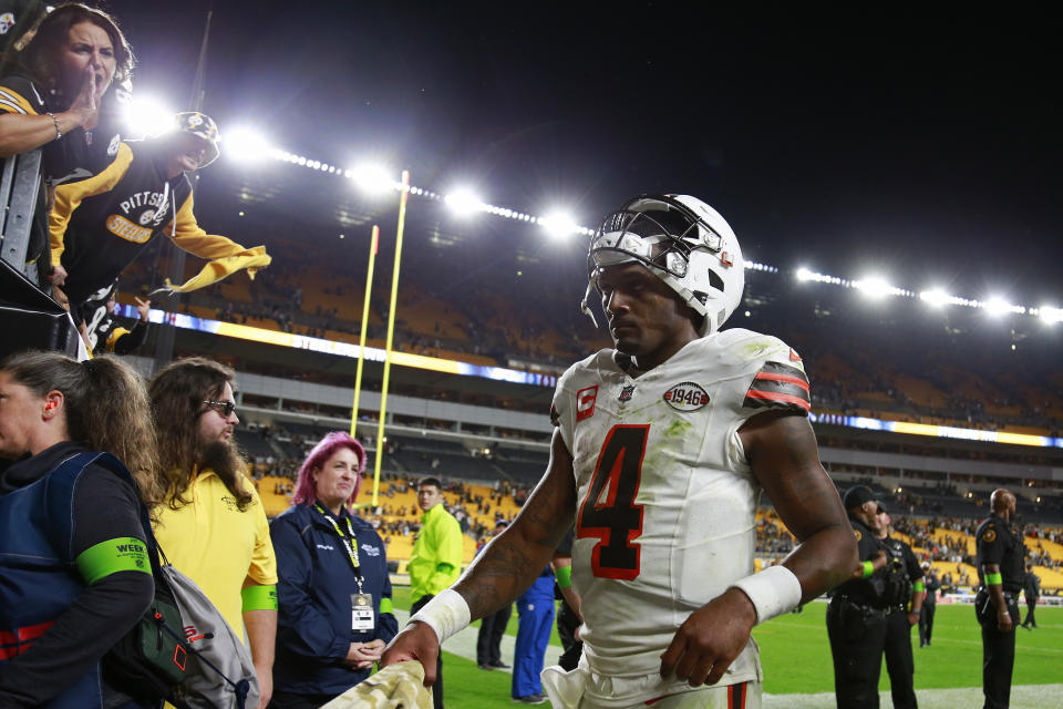 Deshaun Watson has struggled since joining the Browns, and the pressure is going to only ramp up with the season-ending injury to starting running back Nick Chubb. (Photo by Justin K. Aller/Getty Images)