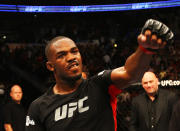 ATLANTA, GA - APRIL 21: Jon Jones celebrates defeating Rashad Evans by unanimous decision in their light heavyweight title bout for UFC 145 at Philips Arena on April 21, 2012 in Atlanta, Georgia. (Photo by Al Bello/Zuffa LLC/Zuffa LLC via Getty Images) 