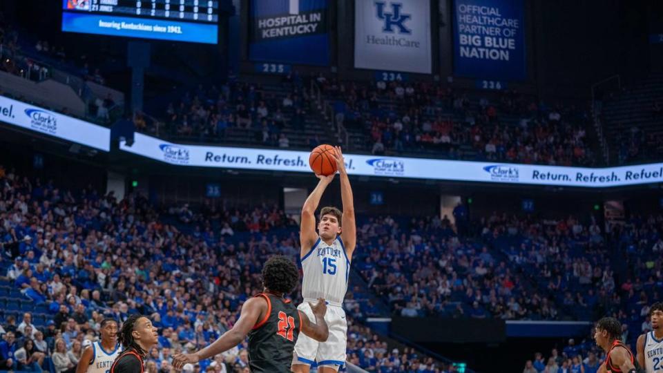 Kentucky’s Reed Sheppard takes a shot against Georgetown College in an exhibition game at Rupp Arena.