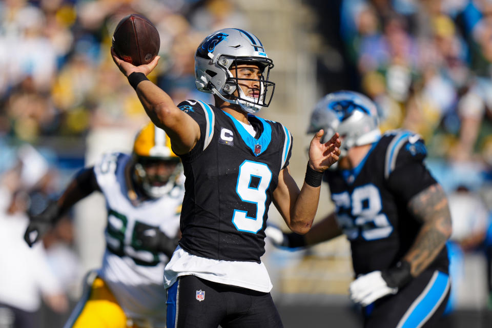 Carolina Panthers quarterback Bryce Young passes against the Green Bay Packers during the first half of an NFL football game Sunday, Dec. 24, 2023, in Charlotte, N.C. (AP Photo/Jacob Kupferman)