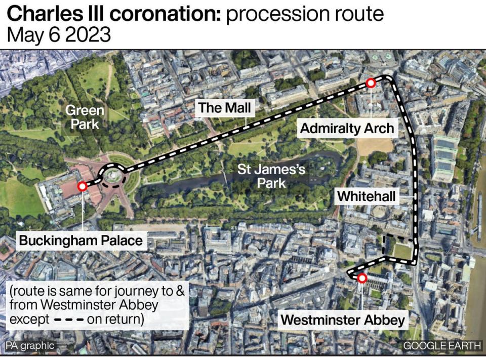 The route King Charles III and Queen Camilla will take in the coronation procession (Press Association Images)