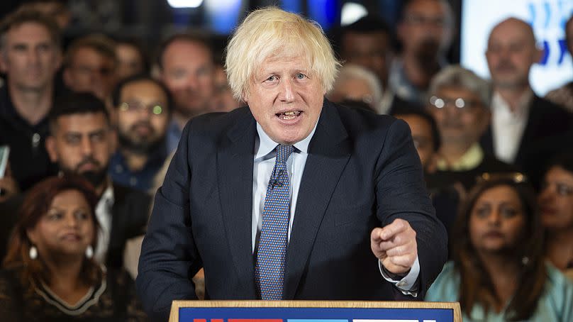 Former Prime Minister of the United Kingdom, Boris Johnson, delivers a speech at a Conservative Party campaign event at the National Army Museum in London., Tuesday, July 2