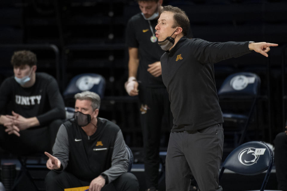 Minnesota coach Richard Pitino yells to the team during the team's NCAA college basketball game against Penn State on Wednesday, March 3, 2021, in State College, Pa. (Noah Riffe/Centre Daily Times via AP)