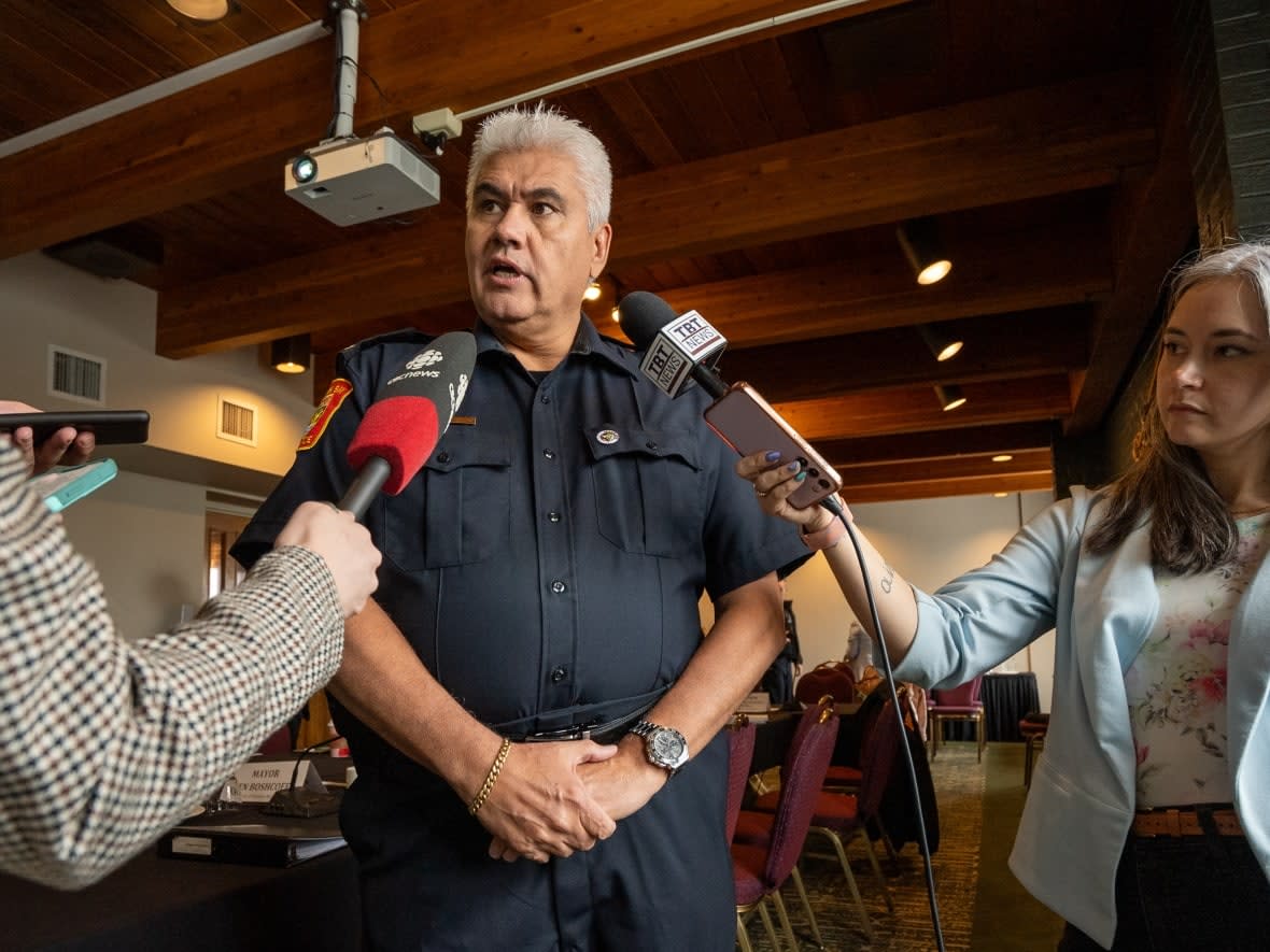 Thunder Bay, Ont., police Chief Darcy Fleury fields questions from journalists following calls from First Nations leaders to disband the police force. (Marc Doucette/CBC - image credit)