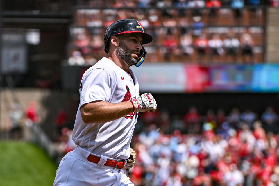 ST. LOUIS, MO - MAY 07: St. Louis Cardinals first baseman Paul Goldschmidt (46) heads towards home plate after his second of three home runs in the game between the Detroit Tigers and the St. Louis Cardinals on May 07, 2022, at Busch Stadium in St. Louis MO (Photo by Rick Ulreich/Icon Sportswire via Getty Images)