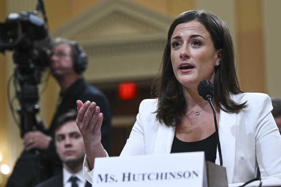 Cassidy Hutchinson, former aide to Trump White House chief of staff Mark Meadows, testifies at a hearing of the House Select Committee to Investigate the January 6th Attack on the U.S. Capitol, on Tuesday, June 28, 2022.  / Credit: BRANDON BELL / Getty Images