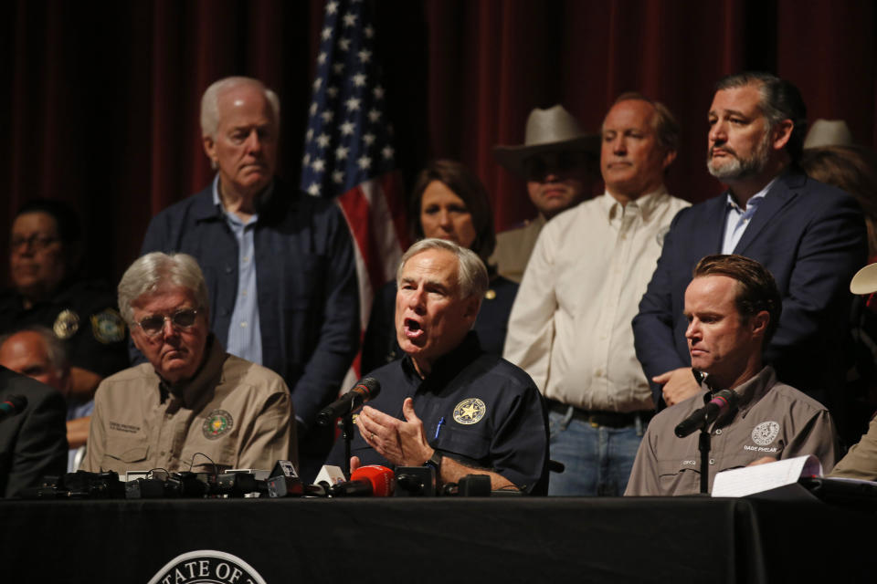 Texas Gov. Greg Abbott speaks during a news conference in Uvalde, Texas Wednesday, May 25, 2022. The 18-year-old gunman who slaughtered 19 children and two teachers at a Texas elementary school barricaded himself inside a single classroom and "began shooting anyone that was in his way," authorities said Wednesday in detailing the latest mass killing to rock the U.S. (AP Photo/Dario Lopez-Mills)