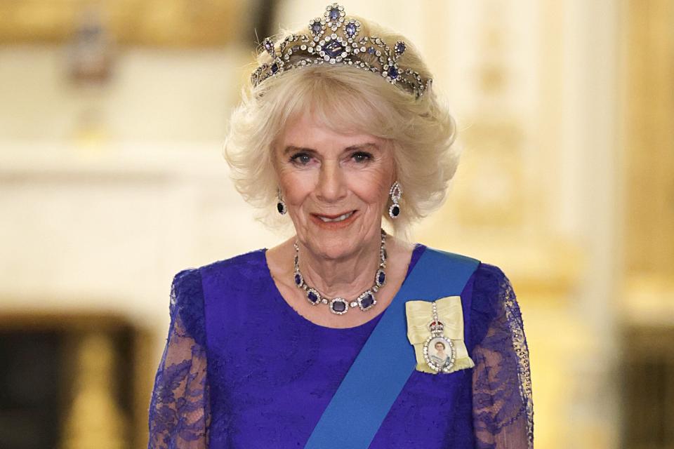 Camilla, Queen Consort during the State Banquet at Buckingham Palace on November 22, 2022 in London, England. This is the first state visit hosted by the UK with King Charles III as monarch, and the first state visit here by a South African leader since 2010