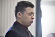 Kyle Rittenhouse closes his eyes and cries as he is found not guilt on all counts at the Kenosha County Courthouse in Kenosha, Wis., on Friday, Nov. 19, 2021. The jury came back with its verdict afer close to 3 1/2 days of deliberation. (Sean Krajacic/The Kenosha News via AP, Pool)