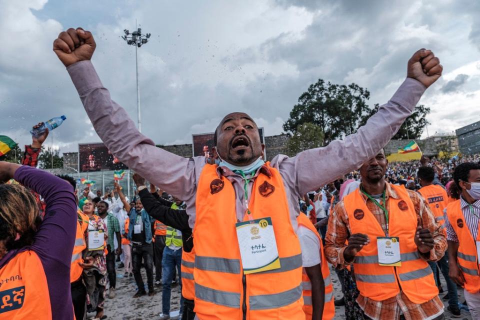 A man reacts during the inauguration ceremony of the new government, in the city of Addis Ababa (AFP via Getty Images)