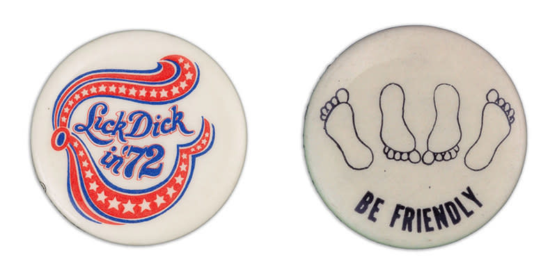 A button on the left reads "lick Dick in ’72" and the button on the right reads "be friendly" with images of bare footprints