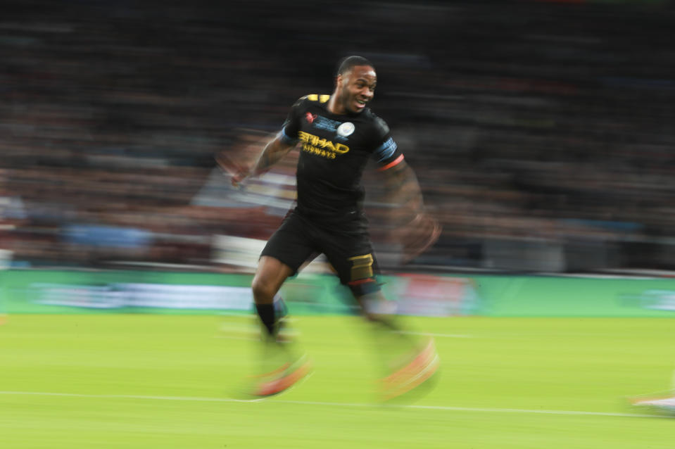 Manchester City's Raheem Sterling runs during the League Cup soccer match final between Aston Villa and Manchester City, at Wembley stadium, in London, England, Sunday, March 1, 2020. (AP Photo/Ian Walton)