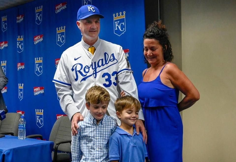 After being introduced as the new Royals Manager, Matt Quatraro was seen with his wife Chris and his sons George (left) and Leo, after a press conference Thursday, Nov. 3, 2022, at Kauffman Stadium.
