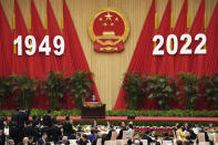 Chinese Premier Li Keqiang gives a speech during a dinner reception at the Great Hall of the People on the eve of the National Day holiday in Beijing, Friday, Sept. 30, 2022. (AP Photo/Ng Han Guan)