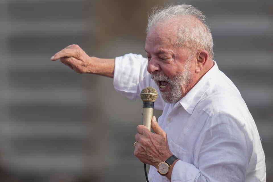 Brazil's former President Luiz Inacio Lula da Silva, who is running for reelection, speaks during a campaign rally outside the Volkswagen auto maker´s plant in Sao Bernardo do Campo, greater Sao Paulo area, Brazil, Tuesday, Aug. 16, 2022. Brazil's general elections are scheduled for Oct. 2, 2022. (AP Photo/Andre Penner)