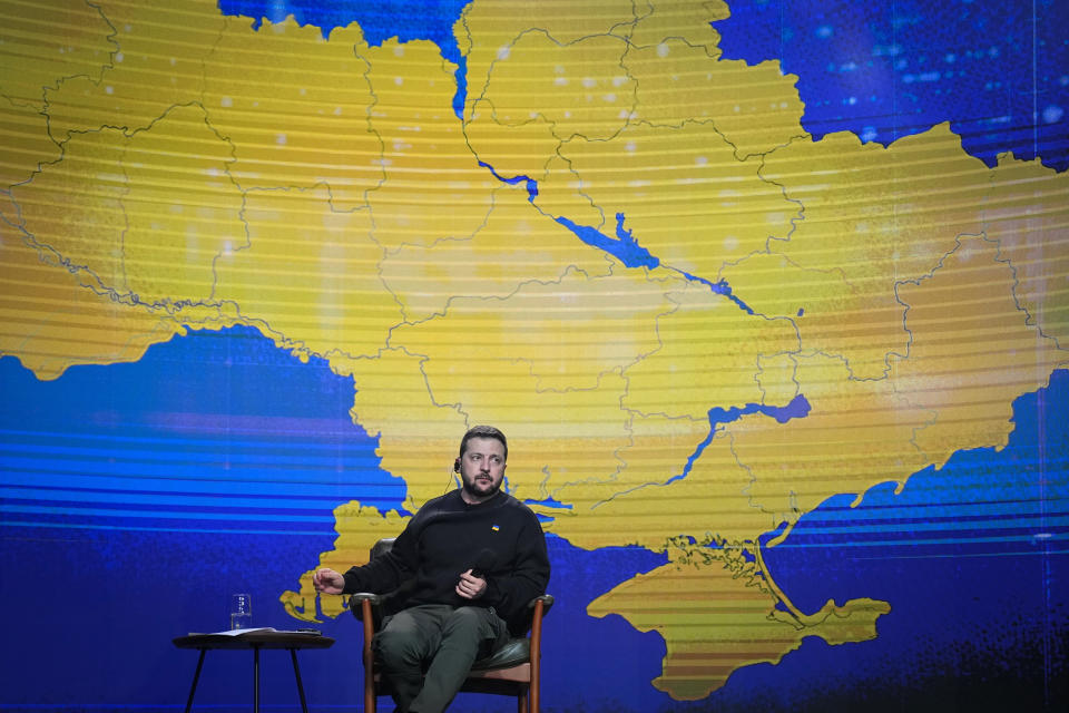 Ukrainian President Volodymyr Zelenskyy during his end-of-the-year news conference in Kyiv, Ukraine, Tuesday, Dec. 19, 2023. (AP Photo/Efrem Lukatsky)